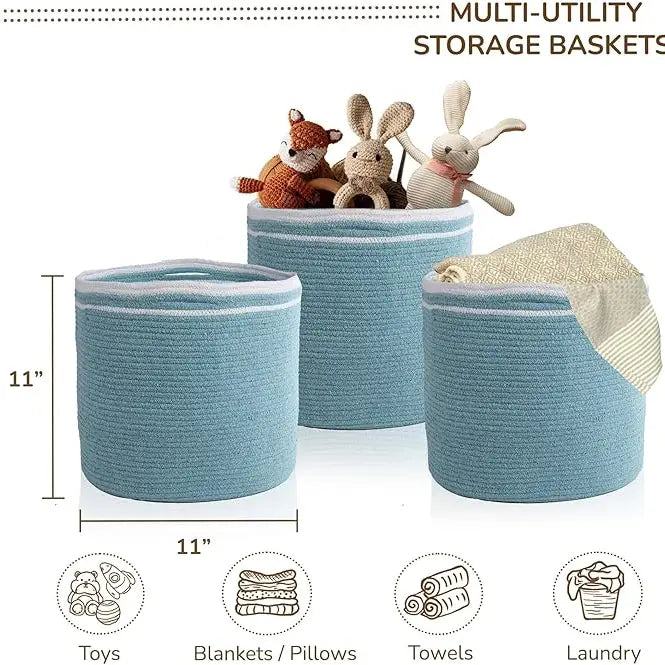 Cotton Rope Basket, Set of 3, 11" Cube Storage Bin, Sea Blue