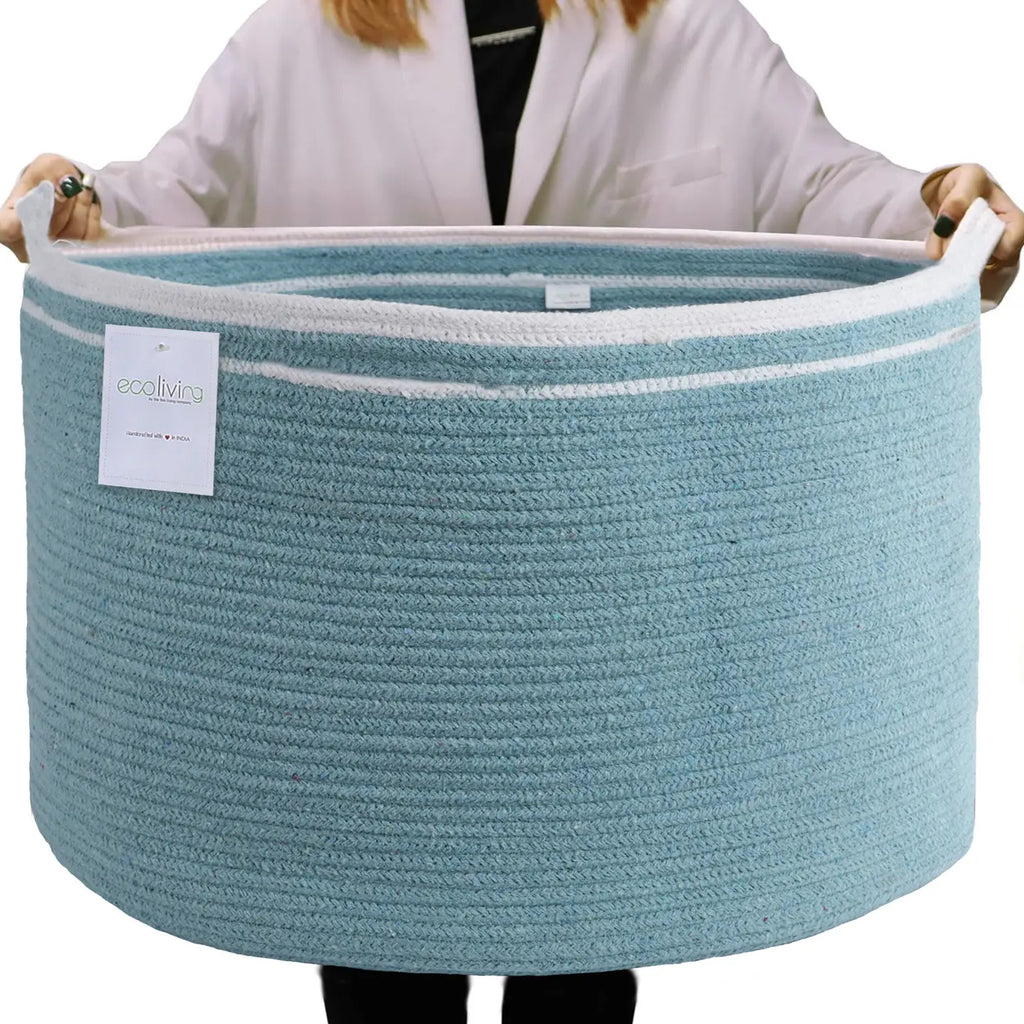 Cotton Rope Basket, Blue, 21.7x21.7x13.8" Storage Bin
