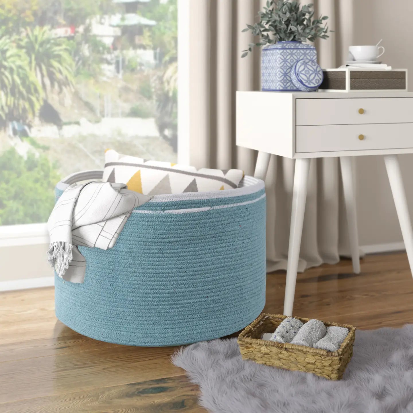 Cotton Rope Basket, Blue, 21.7x21.7x13.8" Storage Bin